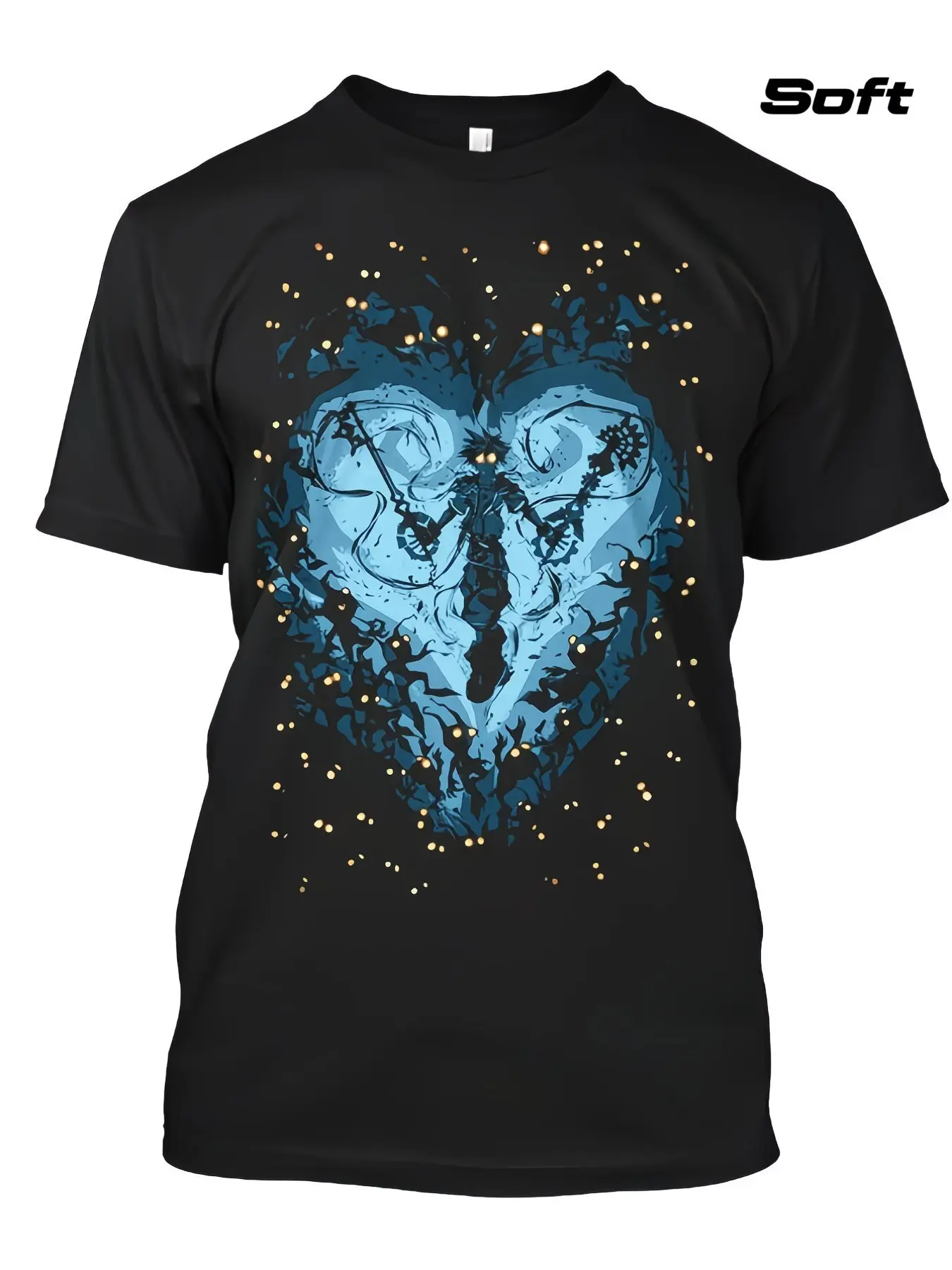 A Black Large Size Men'S T-Shirt Featuring a Detailed Graphic Design with a Blue Heart Shape Center, Showcasing an Intense Warrior Figure with Glowing Eyes Holding Weapons. Surrounding Sparkles Add a Magical Touch. Soft And Bold Black