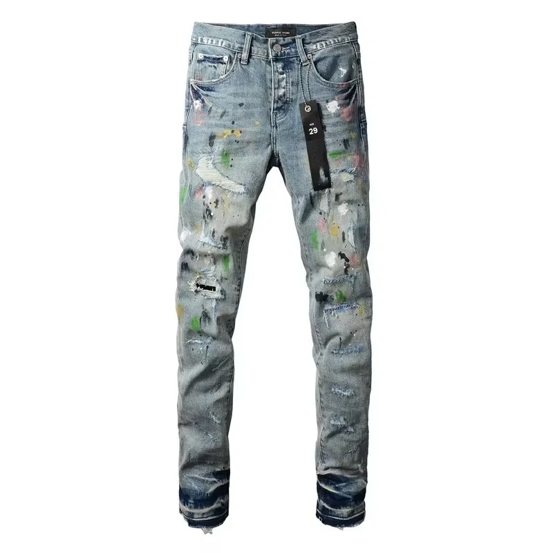 Top quality fashion Purples Jeans Men Trendy Elastic Edged Middle brand Irregular Blue Color Washed Denim trousers pants