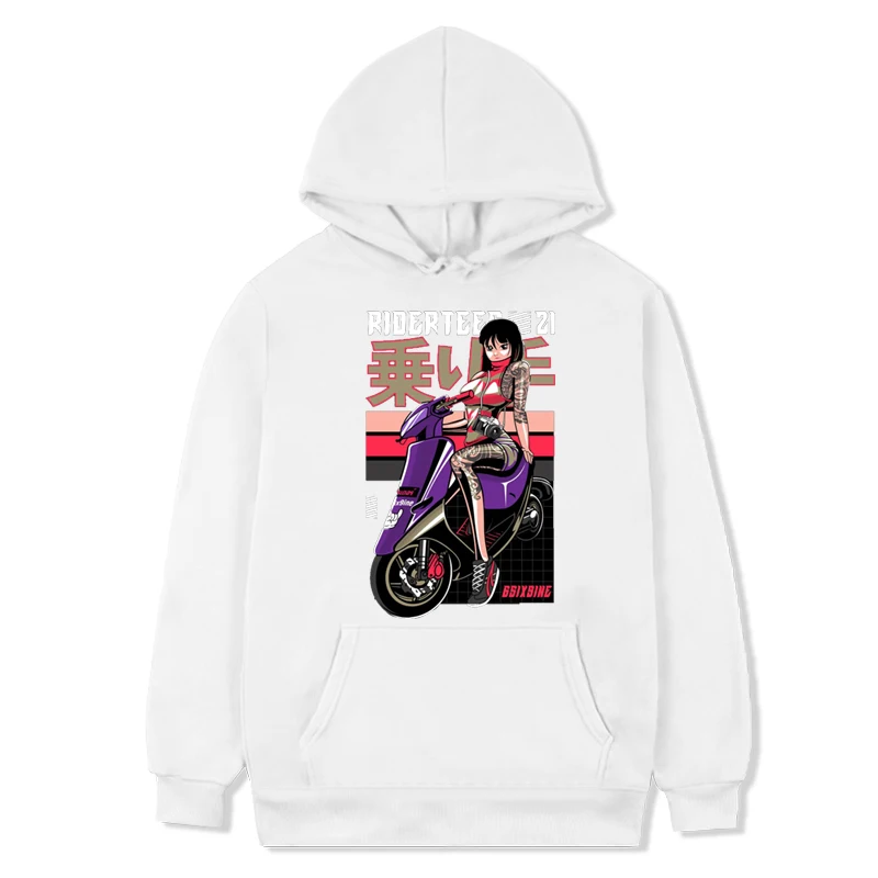 Japão uma mulher piloto em movimento motocicleta hip-hop único hoodies popular confortável letras pulôver novidade bonito estilo casal