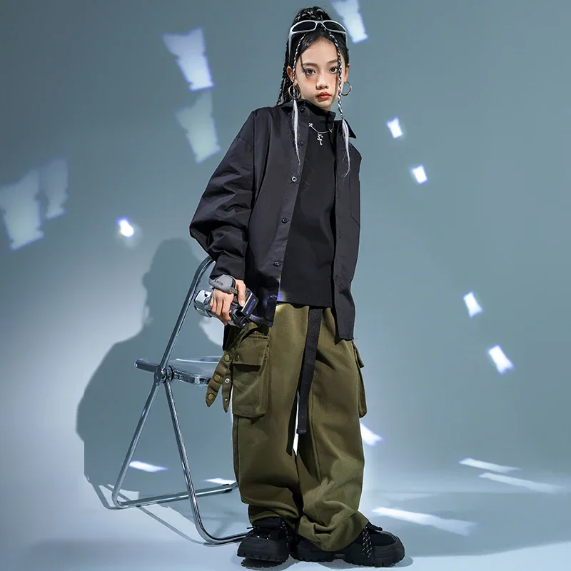Kinder Hip Hop Kleidung Schwarze Jacke Mantel Casual Street Strap Cargo Hosen für Mädchen Junge Jazz Dance Kostüm Teenager Kpop Kleidung