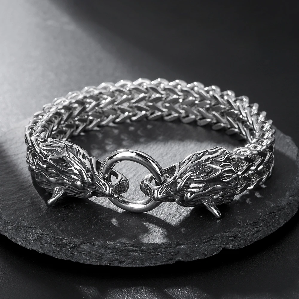 Fashion Stainless Steel Men's Bracelet Titanium Steel Hip Hop Bracelet Nordic Wolf Head Viking Bracelet Stainless Steel Bracelet