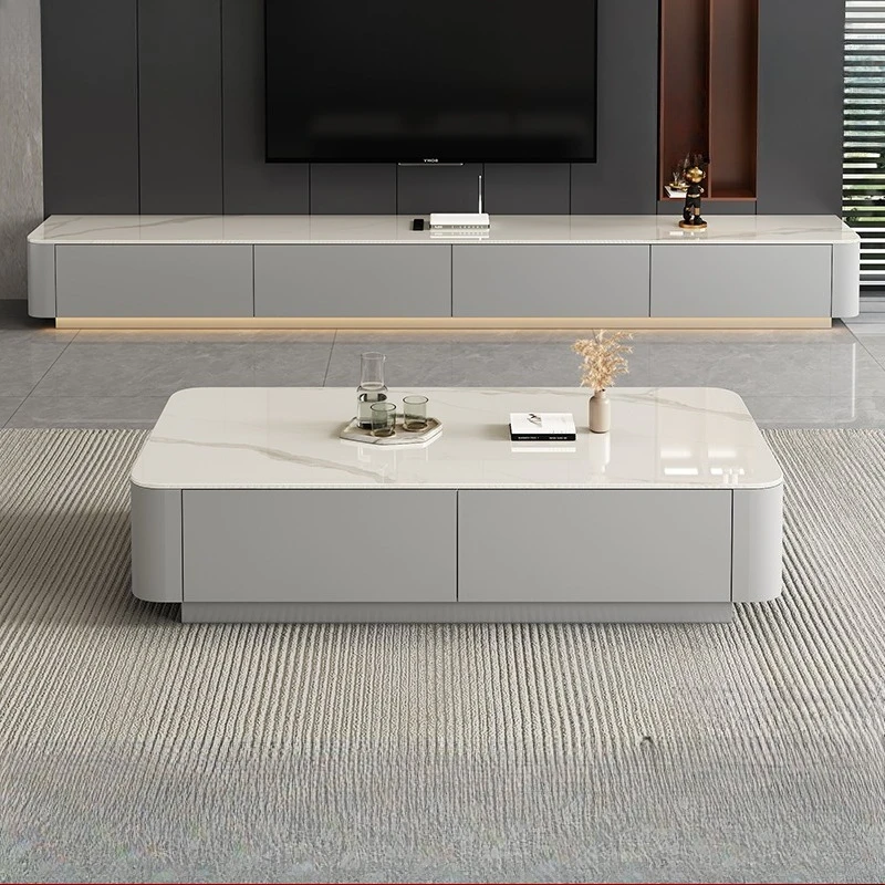 

TV cabinet living room household small apartment light luxury solid wood floor rock slab coffee table TV cabinet combination