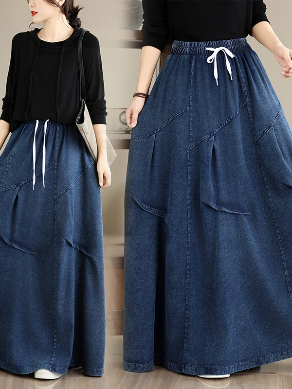 High Waist Denim Skirt Women's Elastic Loose Fit Conceal Meat Spring Summer Autumn Winter Half Body Skirt Korean Style