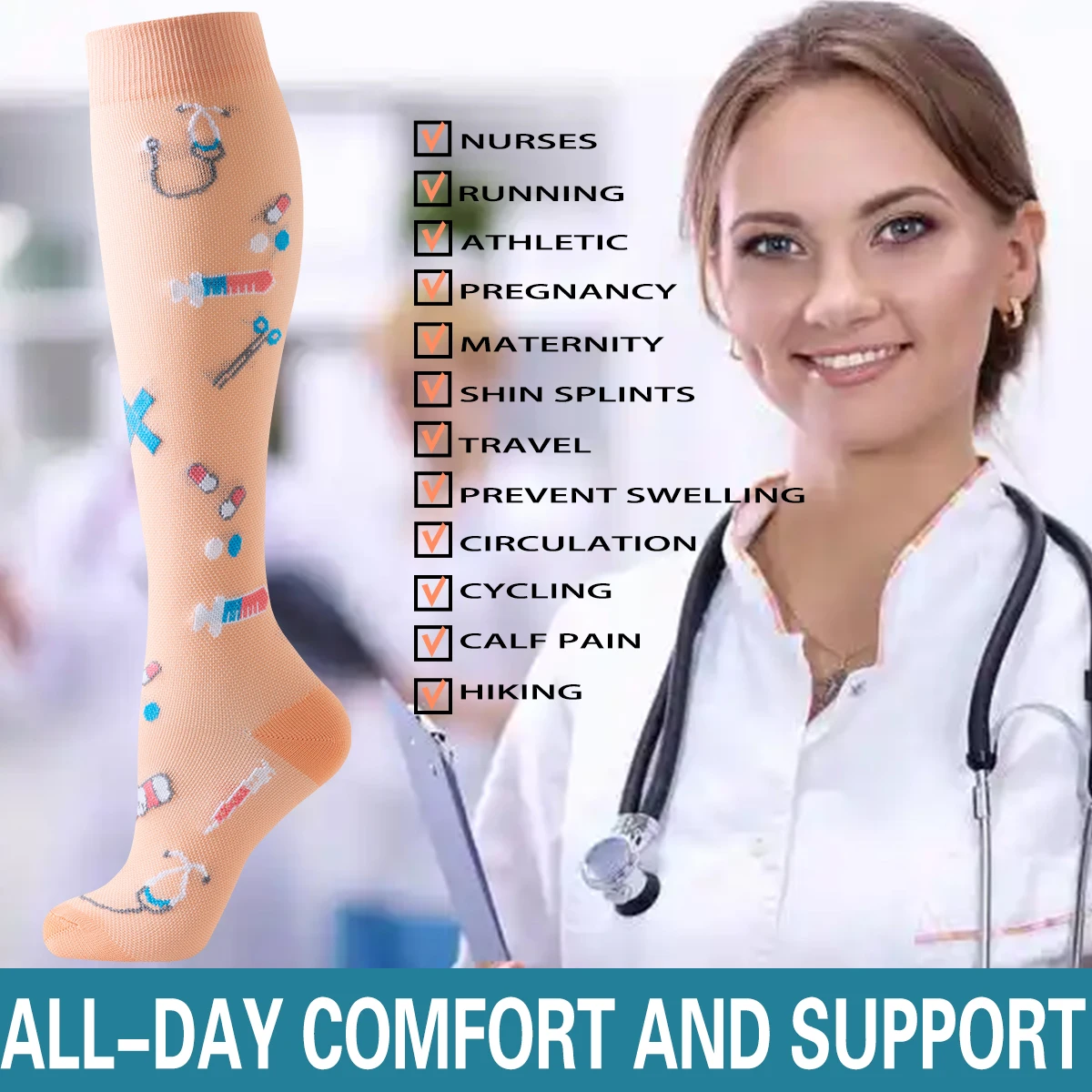 6 ペアアスレチックコンプレッションソックス女性、かわいい柄通気性ニーハイソックス女性スポーツナースコンプレッションソックス