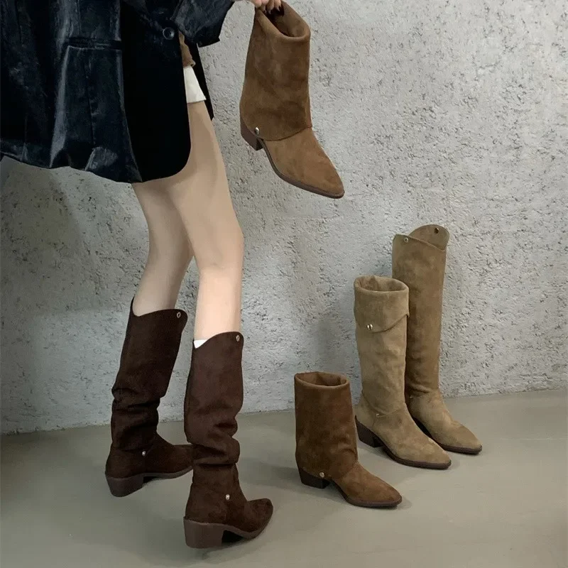 

High Heels Women High Boots Chunky Designer Shoes Knee High Pointed Toe Summer Chelsea Boots Pumps Goth Mujer De Zapatillas