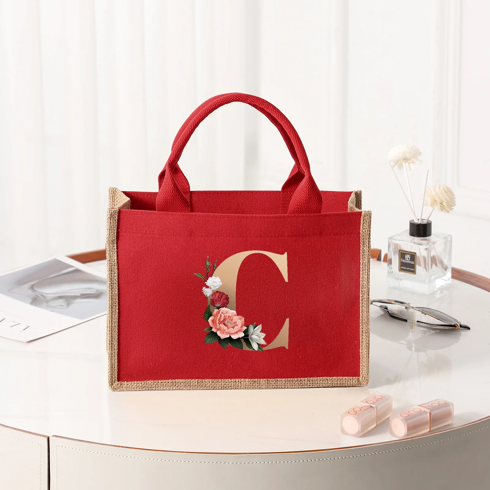 26 letter pattern, red canvas women\'s handbag, large capacity portable leisure beach bag, indoor waterproof