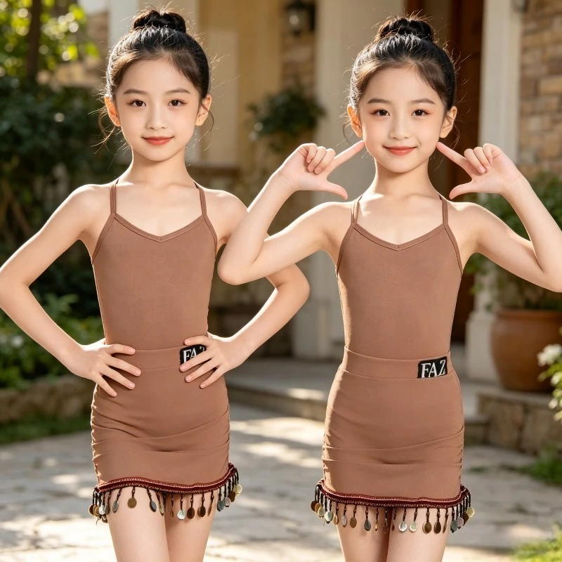 

Girls Latin Dance Practice Suit Sling Top Hanging Coin Skirt Kids Cha Cha Performance Costume Performance Accessories Dancewear