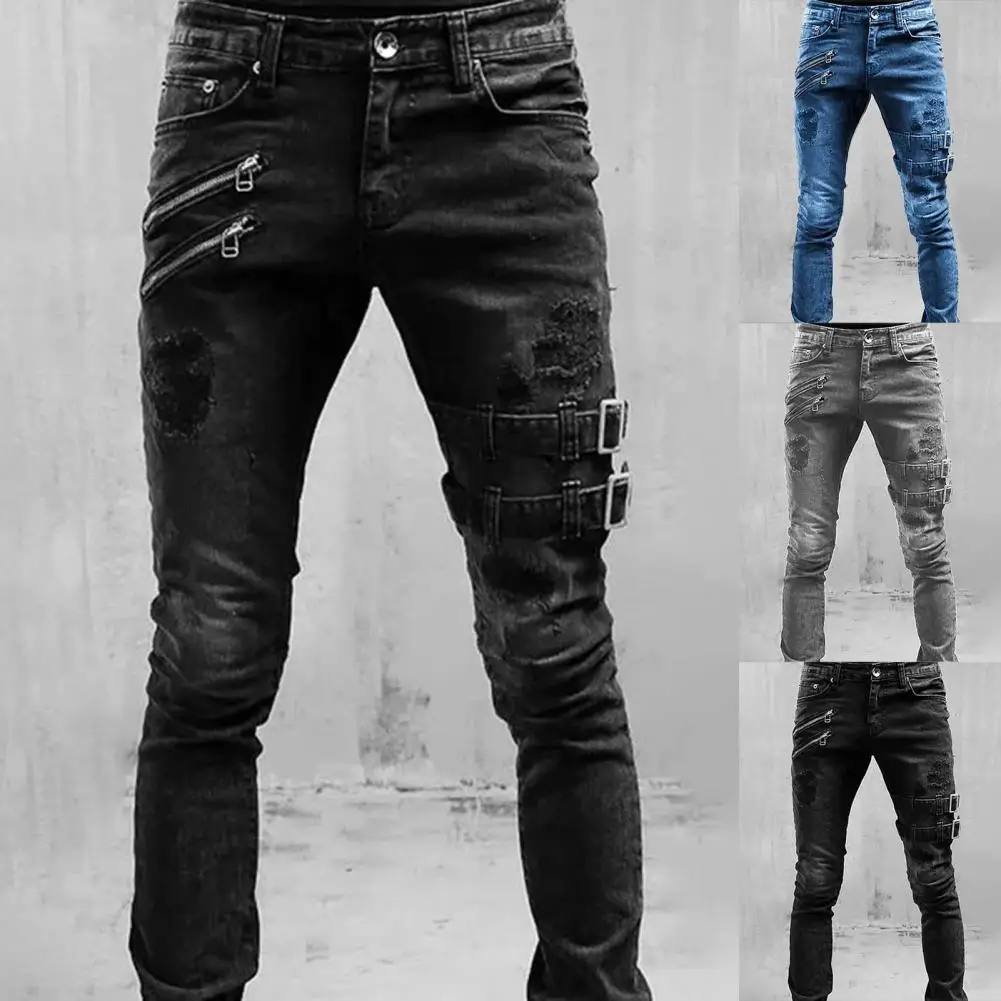 Plus Size Men Jeans  Skinny Side Straps and Zips 3 Colors Trousers Excellent Stretch Men Jeans  Trousers