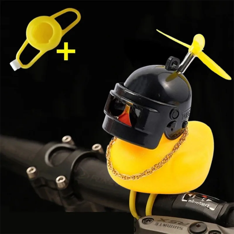 Niedliche Gummi-Ente Fahrradlenker-Dekoration mit Propellern, Brille, Goldkette, Schwarz-Gelbe Ente Fahrradhorn mit Riemen – Detail 8