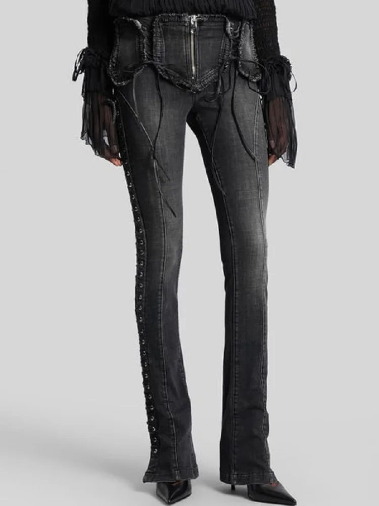 

2025 Women's Jeans Trend: Pure Cotton, Retro, High-Waisted, Lace-Up, Women's Skinny Jeans, Y2K New High-Quality Party Pants bra