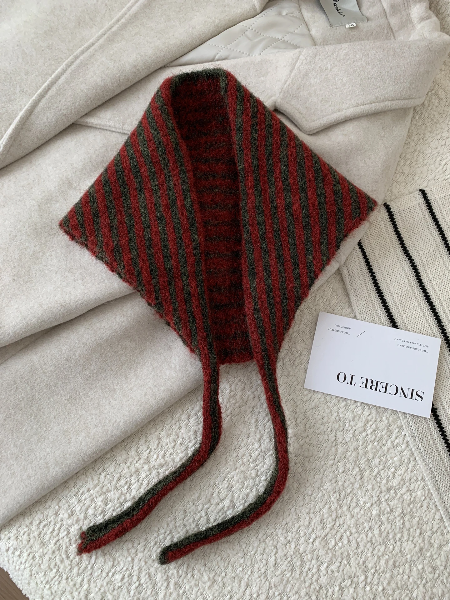 Korean Red Striped Knitted Scarf Women's Autumn Winter Fashion Warmth Versatile Stylish Small Shoulder Decoration