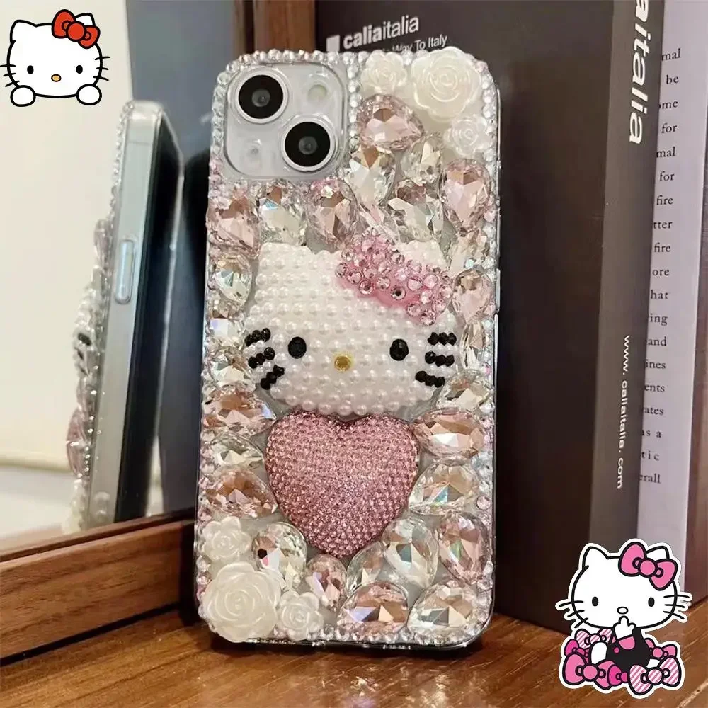 Kawaii DIY Handyhülle Sanrio Hello Kitty Geeignet für IPhone 15 1413 16 Pro Max Y2k Flash Diamond All Inclusive Transparente Hüllen