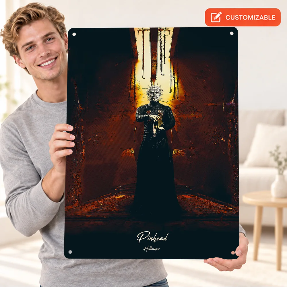 Hellraiser Pinhead Suspended Figure Printed Poster Customized Aluminum Metal Sign Illustrated Wall Art For Film Screening Room