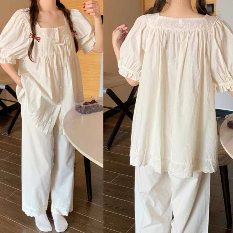 

Sweet Cute Princess Style Pajamas Spring New Cotton Puff Sleeve Lace Trim Sleepwear 2 Pcs Shirt&pant Home Clothes Nightwear