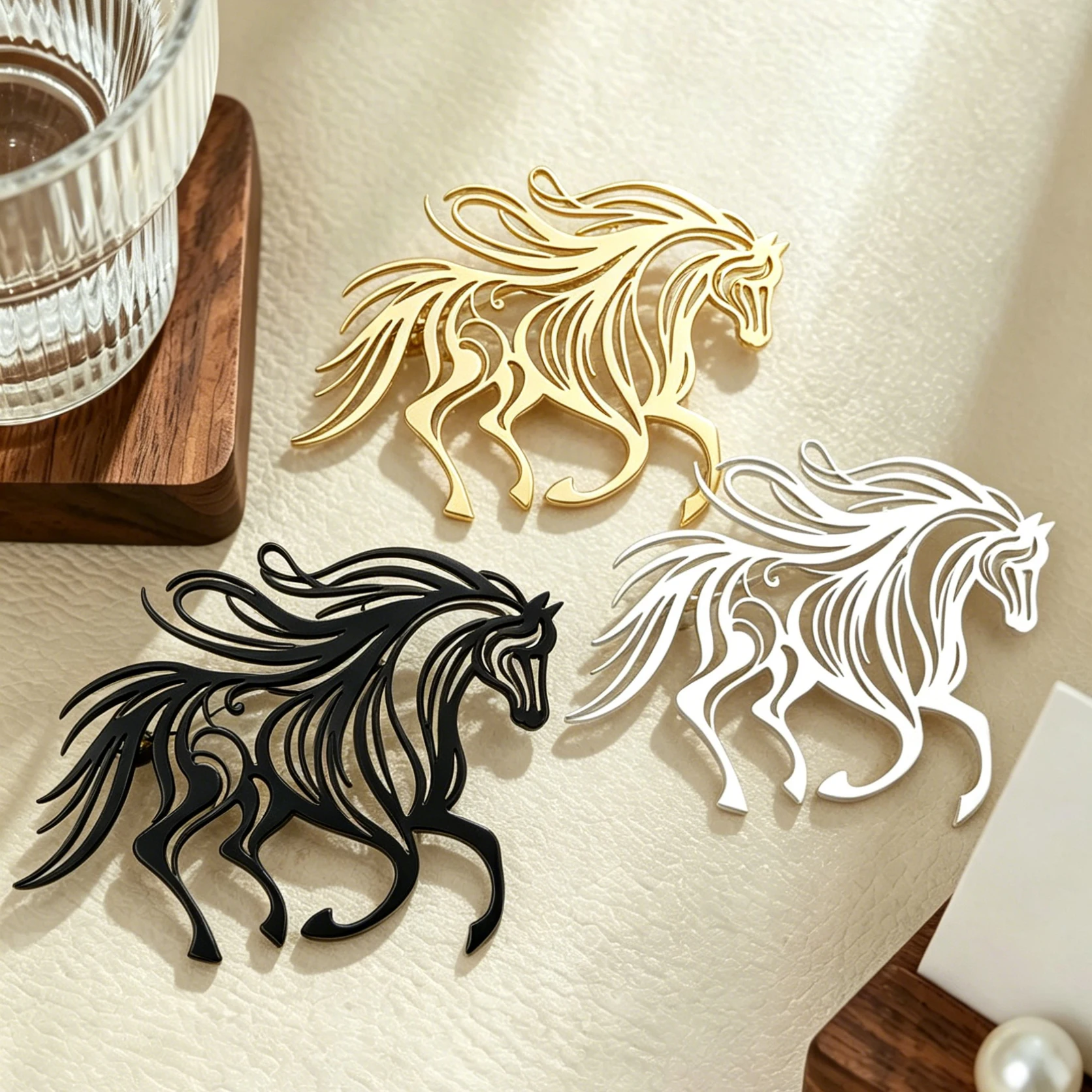 

Running Horse Hollow Stainless Steel Gold Plated 18K Brooch Suit Lapel Pin Waterproof Formal Fittings Jewelry Gift for Women Men