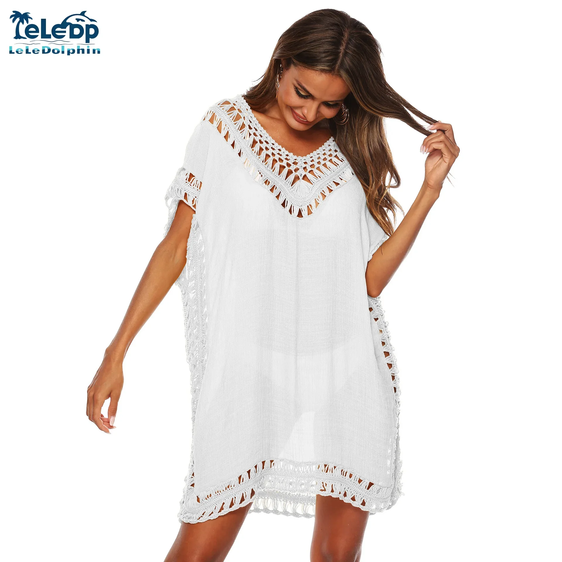 

LeleDolphin Cutout Cover Up For Women's V-neck bracelet hook stitching smock sexy hollow loose beach smock dress beach dress