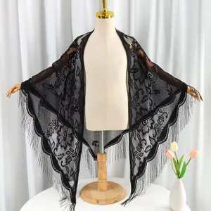 Cross-border new light and breathable monochrome lace tassel shawl tulle scarf for women's triangle scarf head wrap scarf