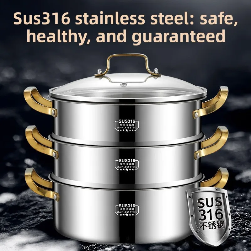 Stainless Steel Multi Layer Steamer Pot Home Use Basket Dumplings Rice Fish Induction Gas Compatible Multi Layer Large Capacity