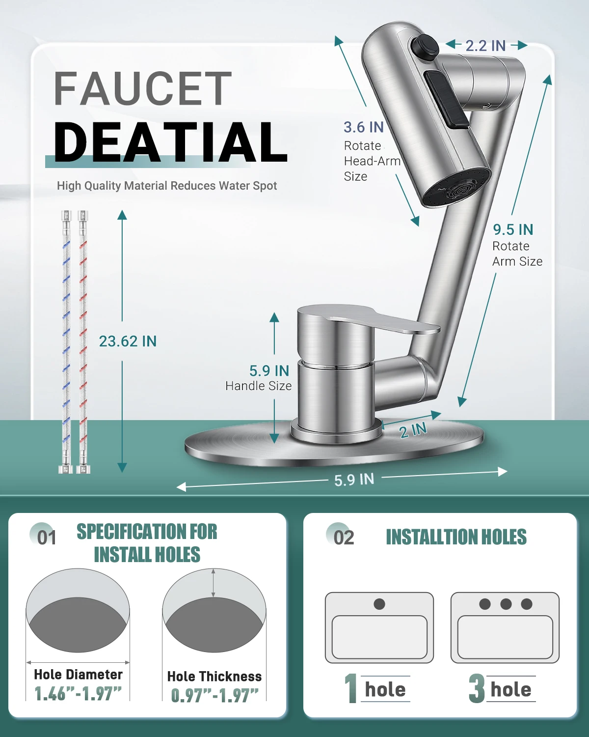 080° Rotating Kitchen Faucet with Pull Down Sprayer, 3 Water Modes Stream Shower Sweep, Single Handle Hot and Cold Mixer Tap, An