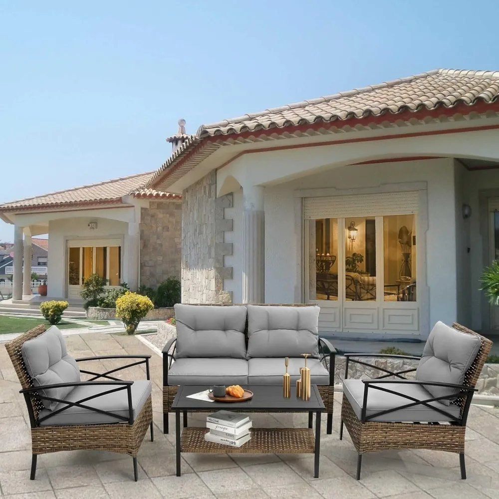 

Patio Conversation Furniture Set 4 Pieces Outdoor Wicker Bistro Loveseat Chairs with Waterproof Cushions and Table Outside for B
