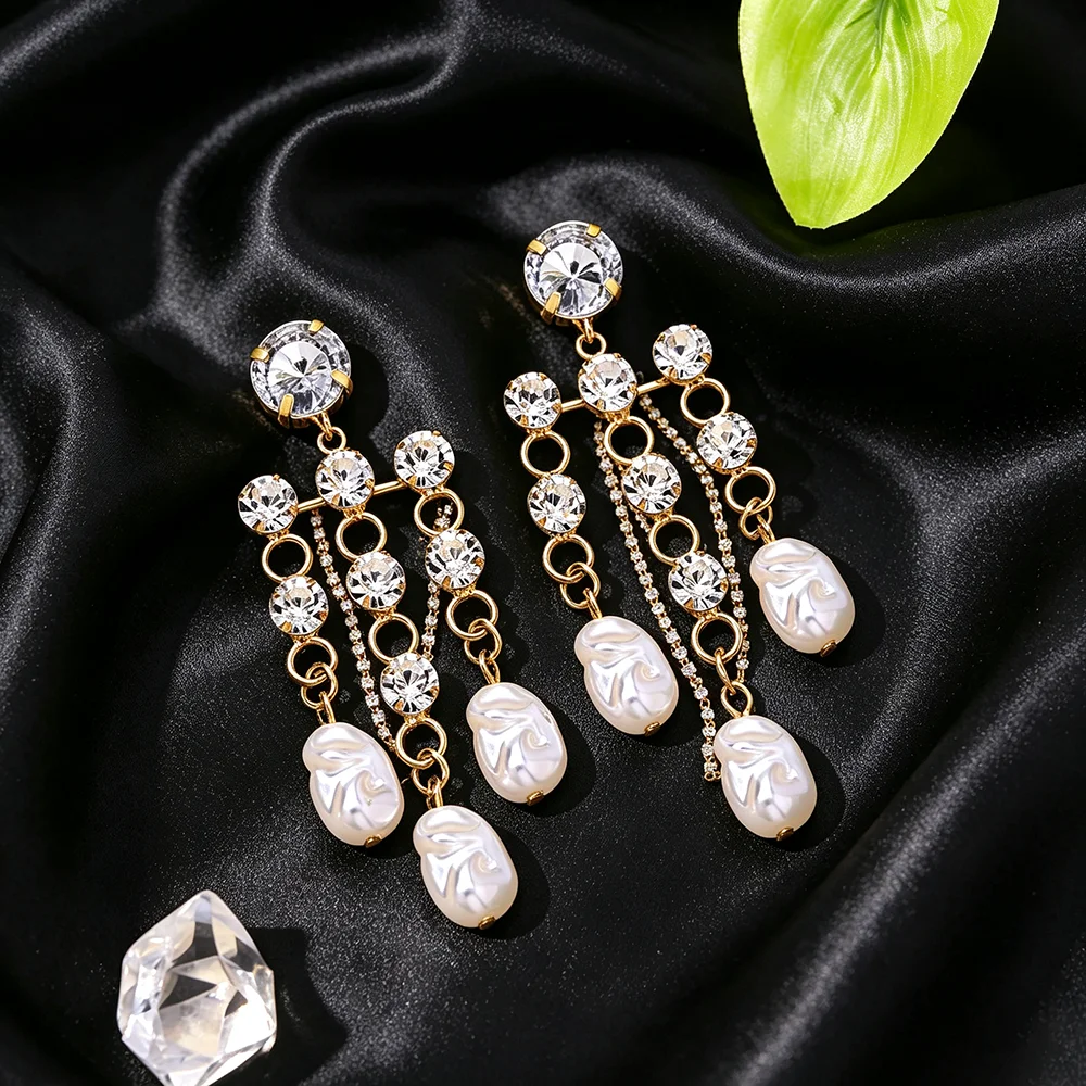 Statement Earrings Rhinestone Baroque Pearl Triple Drop Chandelier Dangle Sparkling Bridal Jewelry for Women Wedding Prom Party