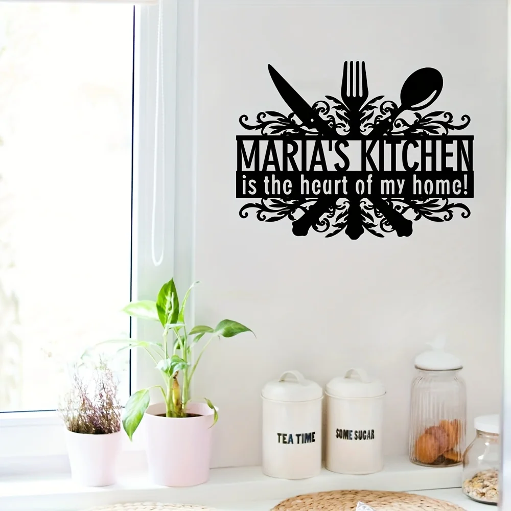 Personalized Metal Kitchen Wall Art Sign - Custom Name & Year, Elegant Cursive Lettering with Utensils & Heart Design