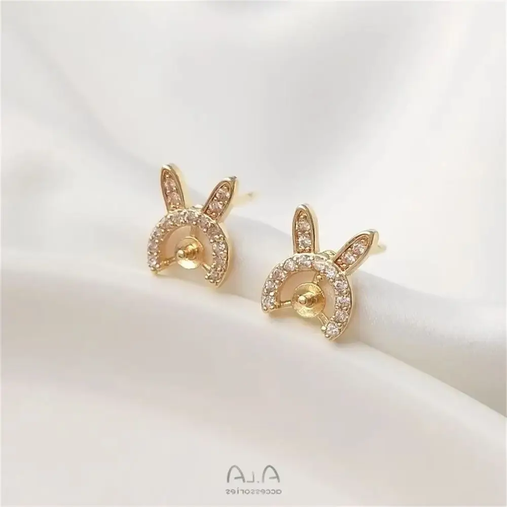 

14K Gold Coated Zircon Small Rabbit Earrings 925 Silver Needle Rabbit Ears DIY Inlaid Half Hole Bead Earrings E086