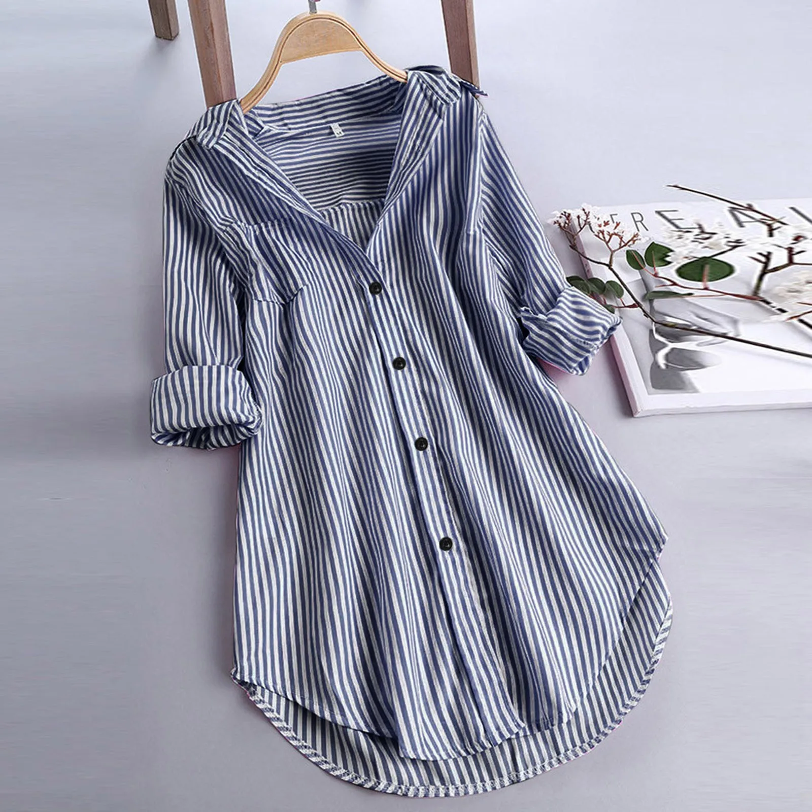 Korean Reviews Many Clothes Summer Turn-Down Button Top Shirts Women Long Sleeve Stripe Blouse Loose Women\'S Blouse блузка