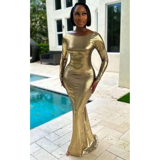 Ruched Backless Metallic Maxi Dress Women Shiny Gold Long Sleeve Bodycon  Bandage Evening Dresses Prom Sexy Birthday Party Dress - AliExpress