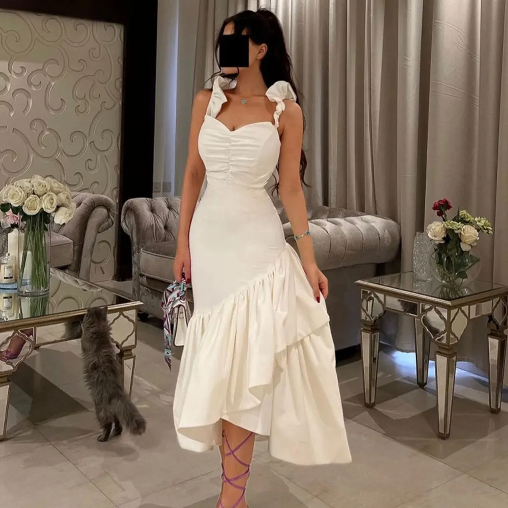 Abito da sposa personalizzato per le donne Sposa Spaghetti con scollo a V Lunghezza tè Abito da sposa a sirena Backless Sexy drappeggiato con volant Ves