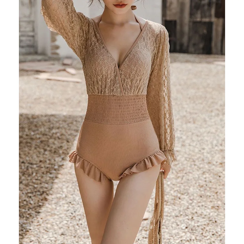 Ensemble de bikini une pièce en dentelle à volants bohème à la mode, col en V, rembourré, taille haute, coupe couvertes, manches longues, crème solaire, monochromatique, été 2023