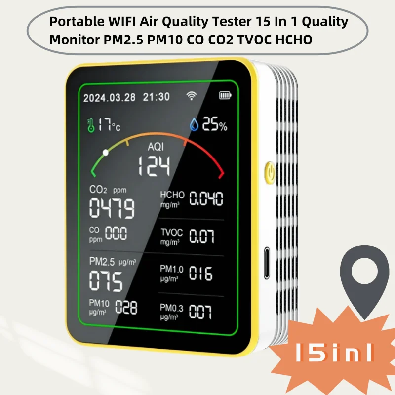 15 In 1 Tester  Portable WIFI Air Quality Quality Monitor PM2.5 PM10 CO CO2 TVOC HCHO