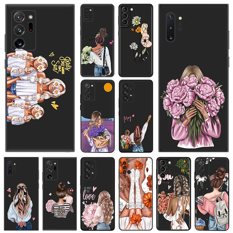 Phone Case for Samsung A35 5G A55 A02 A03 A04 A05 S8 S9 Note10 Plus 9 8 Chrysanthemum Rose Flower Girl Soft Black Silicone Cover