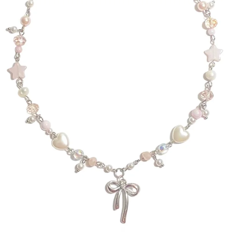 Pearl beaded ribbon necklace Y2K Fairy Core Jewelry