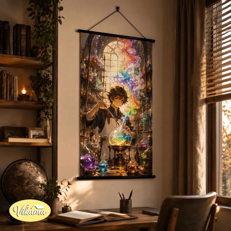 VIKAMA Steampunk Anime Girl Tapestry Dancing Mechanical Flower Gear Glowing Art Wall Hanging for Bedroom Aesthetic Decor