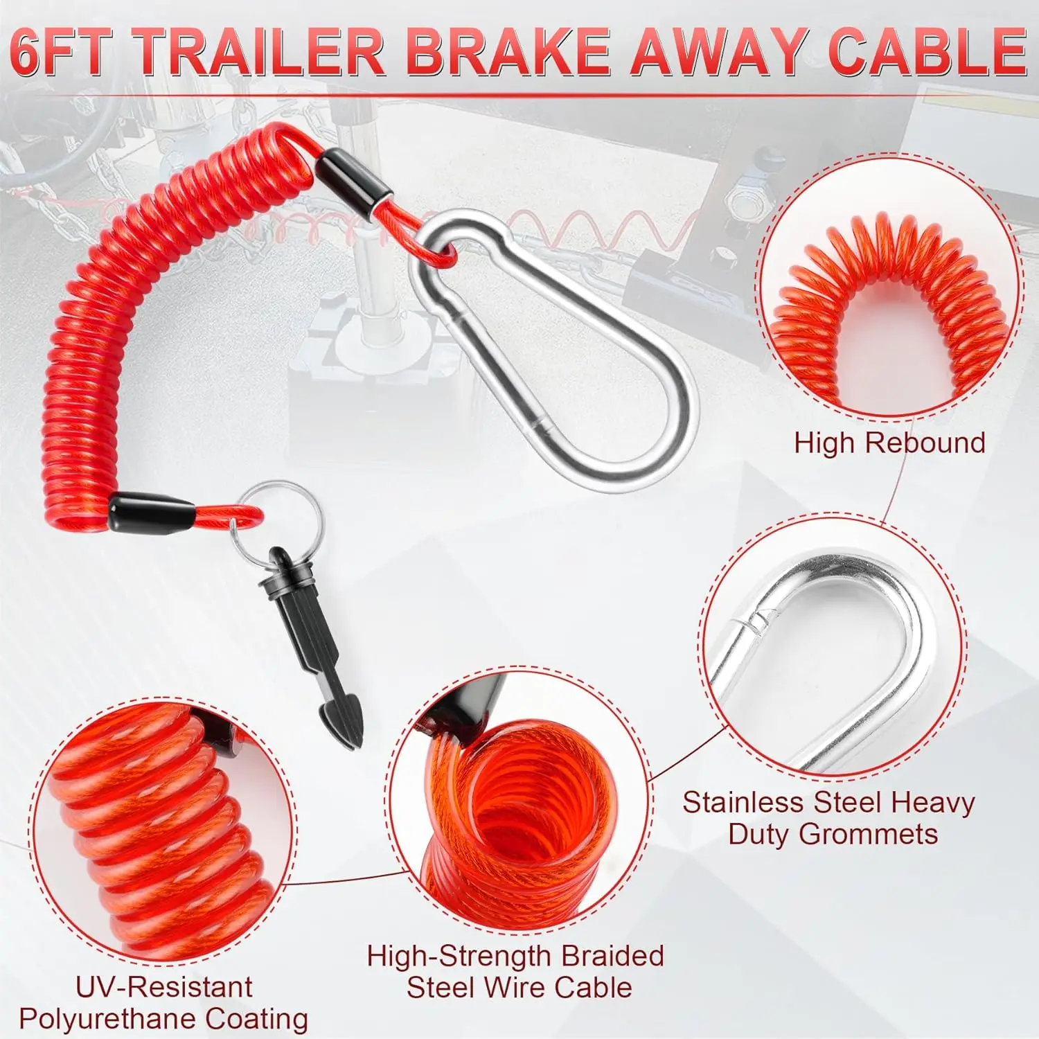 6FT Breakaway Trailer Cable,Heavy Duty Stainless Steel Spring Towing Coiled Wire,Emergency Brake Wire Camper Safety with Pin