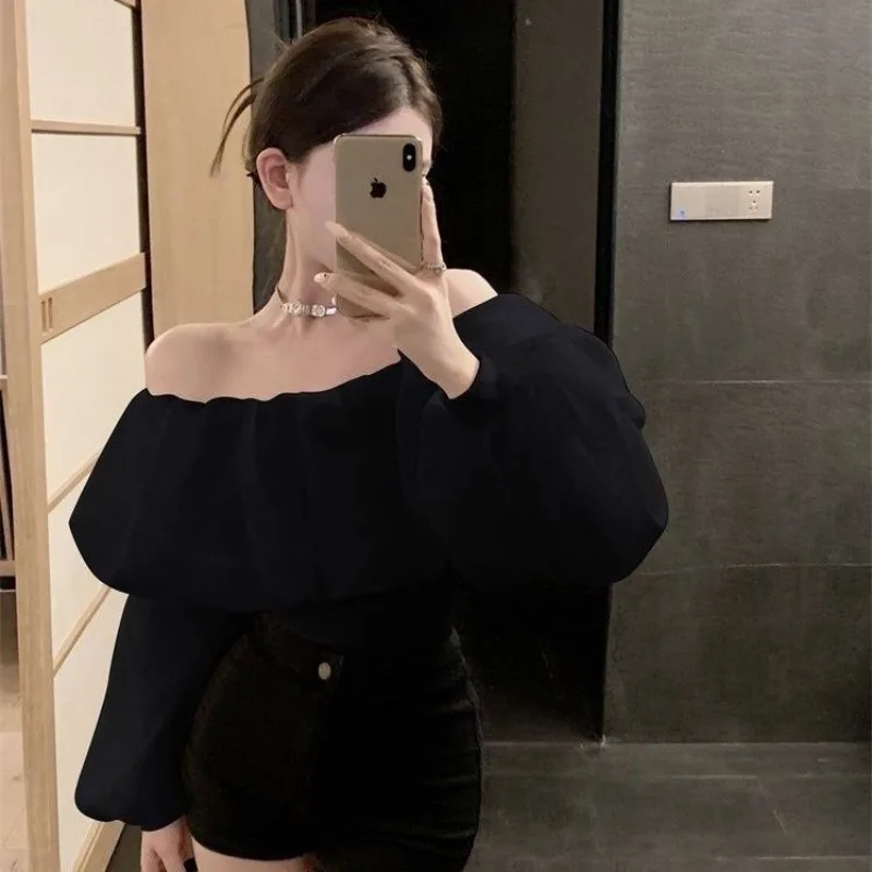 White Slash Neck Long Sleeved Sun Protection Shirt Camisas Off Shoulder Crop Top Sexy Blouse Korean Blusas Mujer Lady Shirts