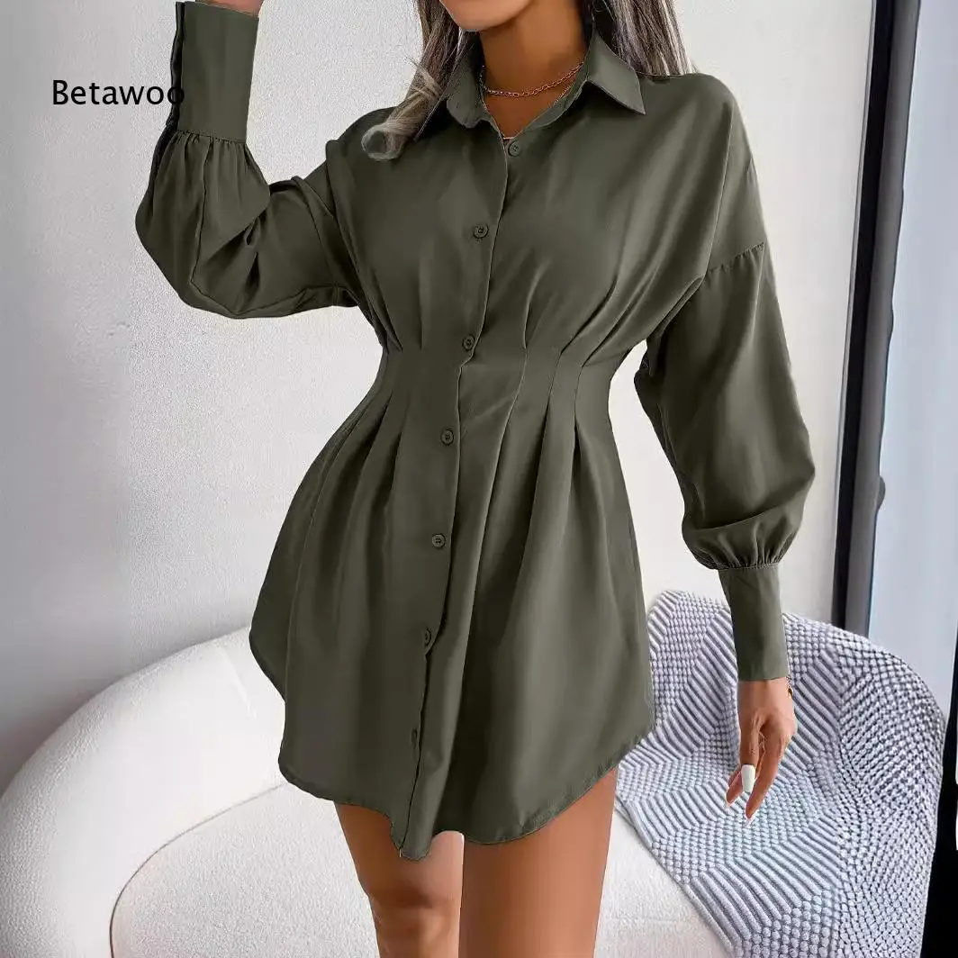 Casual Wine Red Pleated Waist Long Sleeve Button Down Shirt Mini Dress