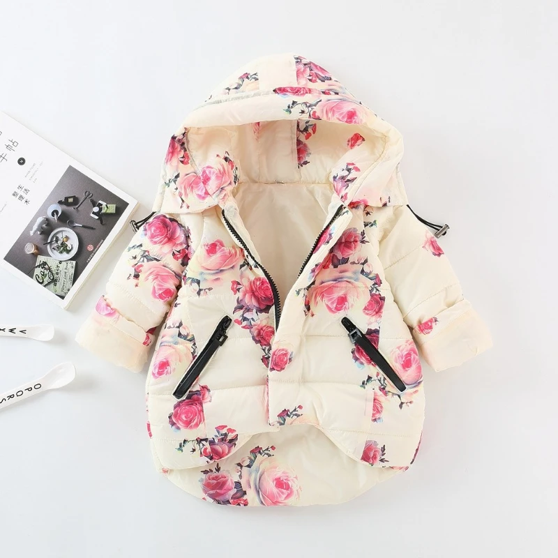 Winter Warm Baby Girl Cotton Coat Rose Printed Cotton Coat Thick Coat Hooded Versatile Fashion Cotton Clothes