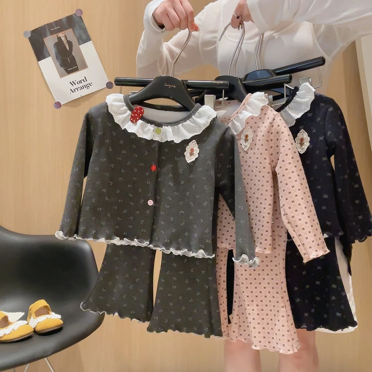 Baby Girls Lace Ruffle Collar Cardigan Tops + Flare Pants 2Pcs/Sets New Autumn Kids Bow Print Casual Outfits Children Clothing