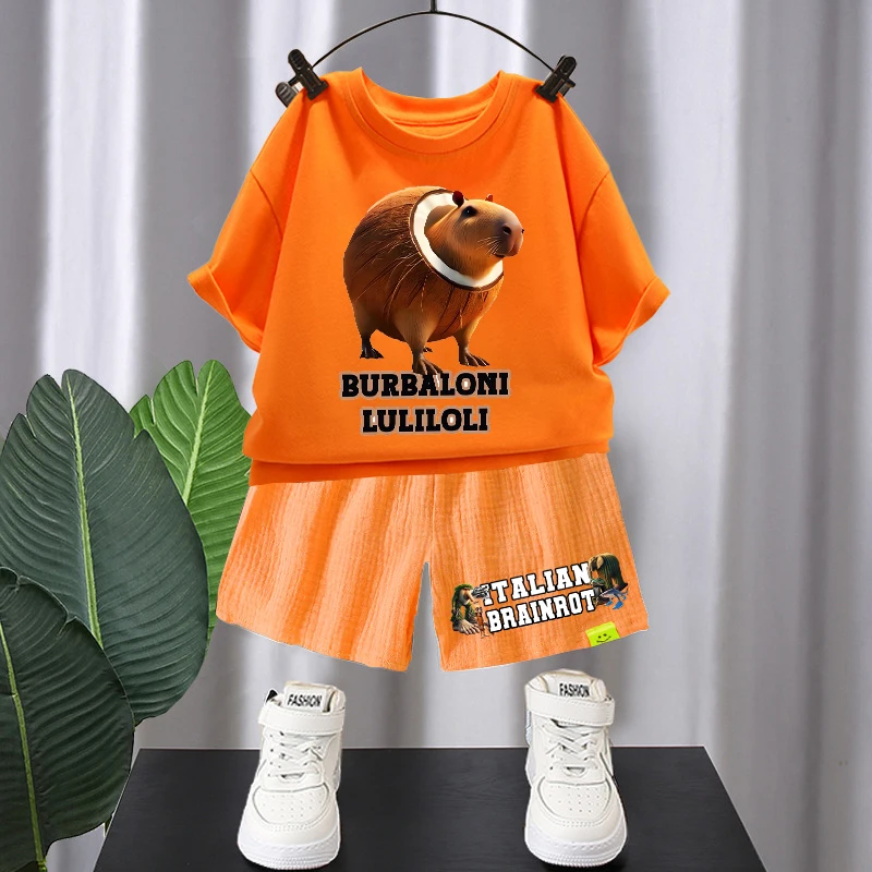 Set Celana Pendek Lengan Pendek Brainrot Italia 2 Buah Setelan Celana T-shirt Lucu Kartun Anak-anak Set Pakaian Fashion Musim Panas Anak Laki-laki Perempuan