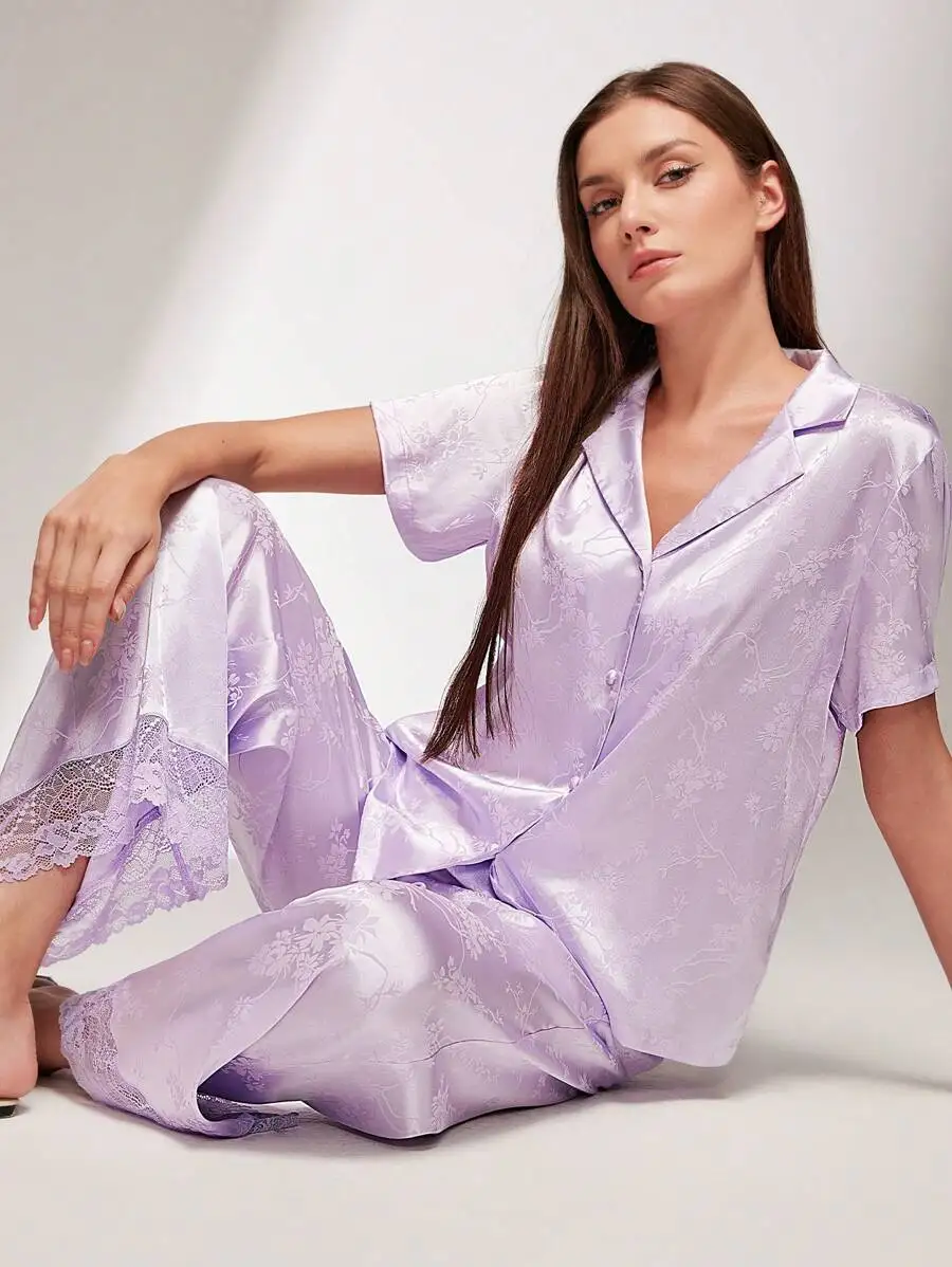 

Silky Satin Floral Lace Trim Short Sleeve Button Up Pajama Set For Women