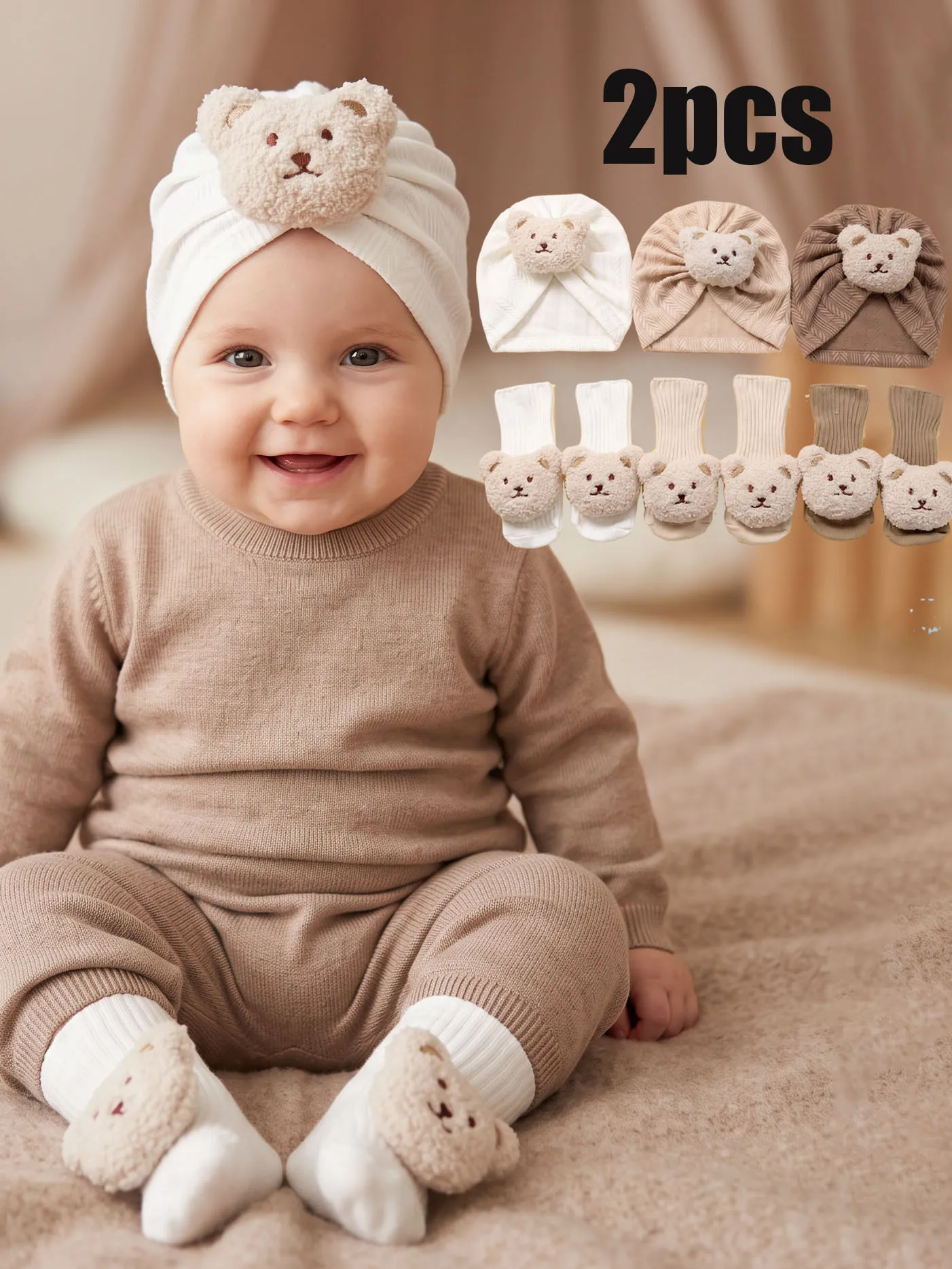 2PCS 3-12M Boys Girls Cute Bear Baby Hat & Socks Set Soft Toddler Spring Summer Infant Accessory Kit
