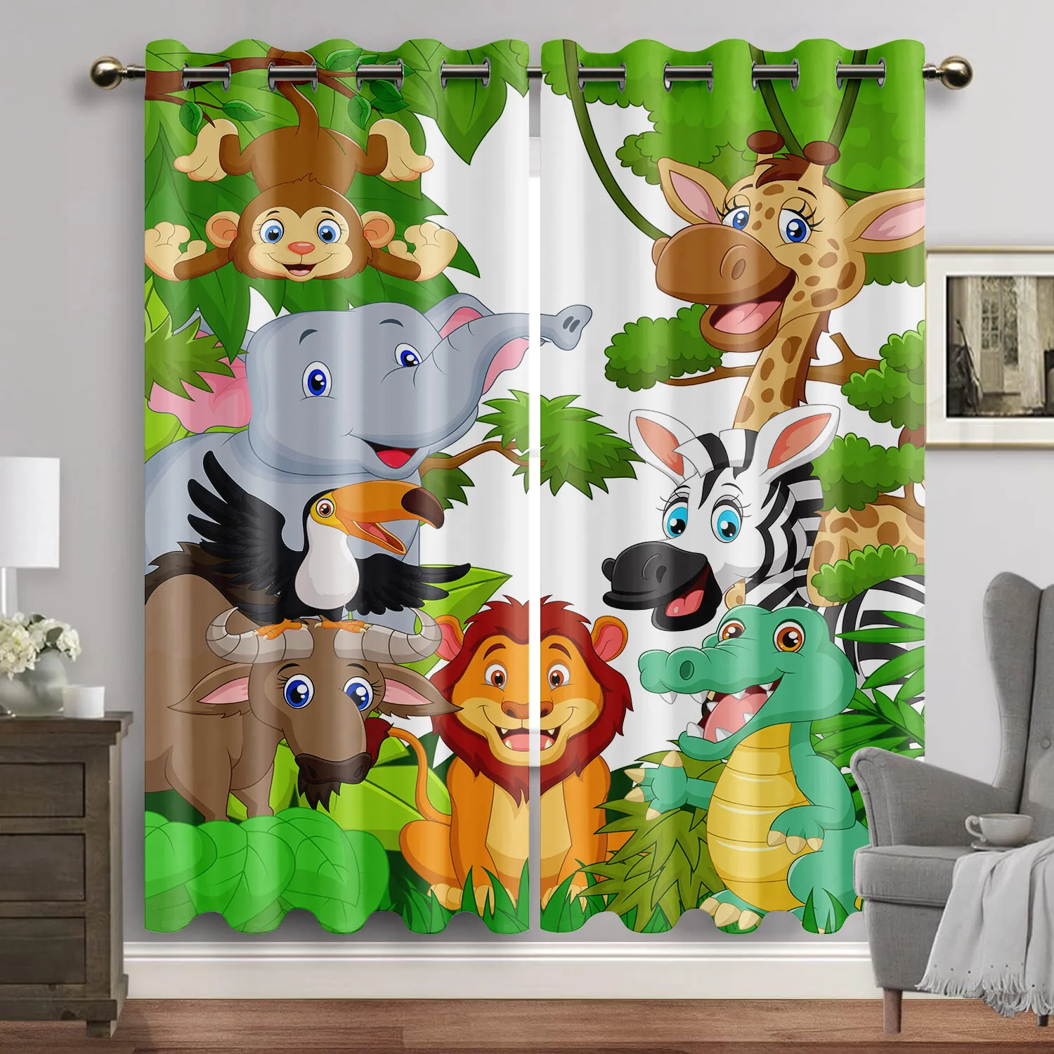 Rideau de fenêtre imprimé animaux safari, dessin animé, jungle, forêt, décoration d'intérieur, drapé pour bébé, chambre d'enfant, salon