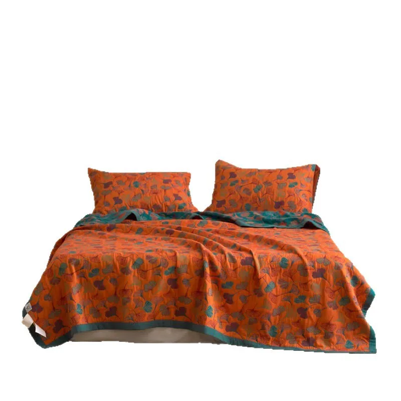 Luxury 3-Layer Gauze Blanket Ginkgo Leaf Jacquard Throw Multi-Functional Summer Quilt Breathable Multi-Purpose Bed Cover