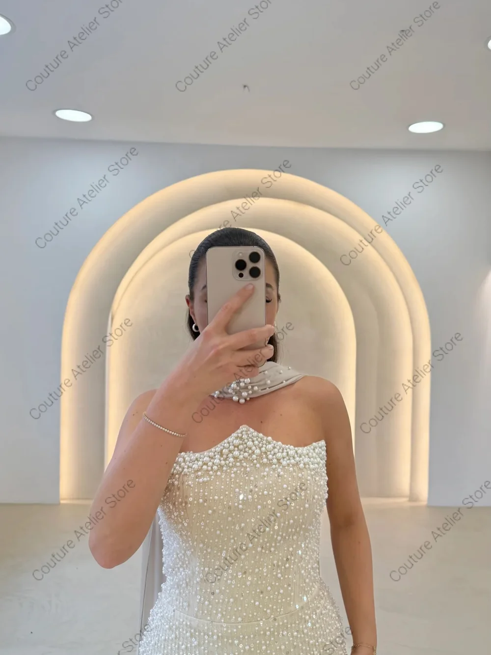 Vestido de noche blanco con cuentas y escote en forma de corazón, vestido de noche asimétrico ajustado con bufanda, Sexy con bola de tren personalizada