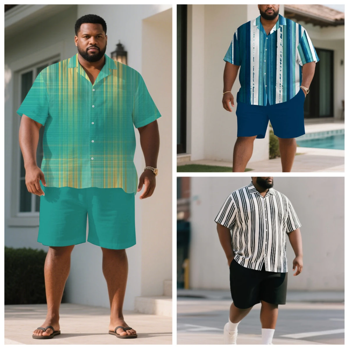 

S-9XL Big and Tall Men Beach Vibe Striped Shirt Shorts Set Multi-Color Casual 2-Piece Outfit