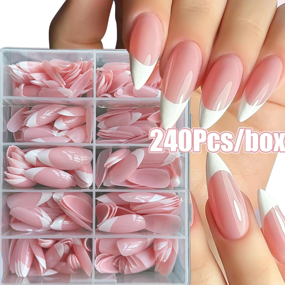 

240/120Pcs Pink Almond French False Nails Tips Glossy Full Cover Acrylic Press on Nails Medium White French Simple Fake Nails*&-