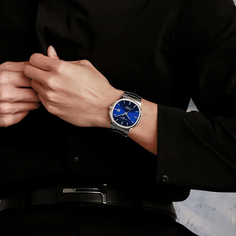 TIAN WANG Jam Tangan untuk Pria Jam Tangan Kuarsa Persegi Biru Bisnis Baja Tahan Karat Dial 43.4Mm Hadiah Pria Kedap Air Klasik