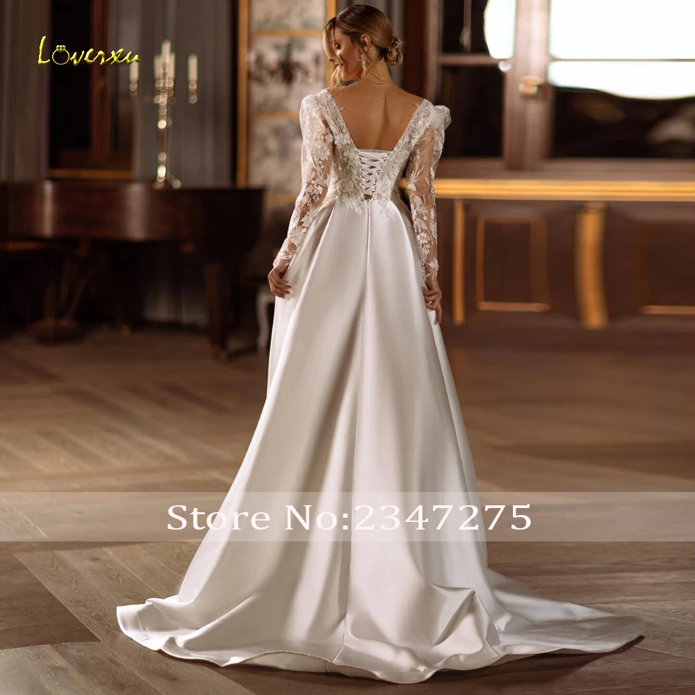 Loverxu A-Line Chic Wedding Dresses Scalloped Long Sleeve Vestido De Novia Lace Embroidery Matte Satin Custom Made Bridal Gown